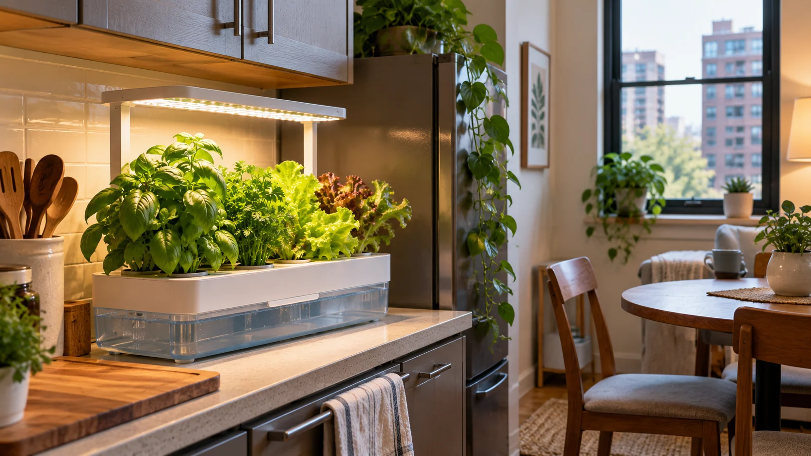 Compact indoor hydroponic garden growing herbs and lettuce in a small apartment without outdoor space
