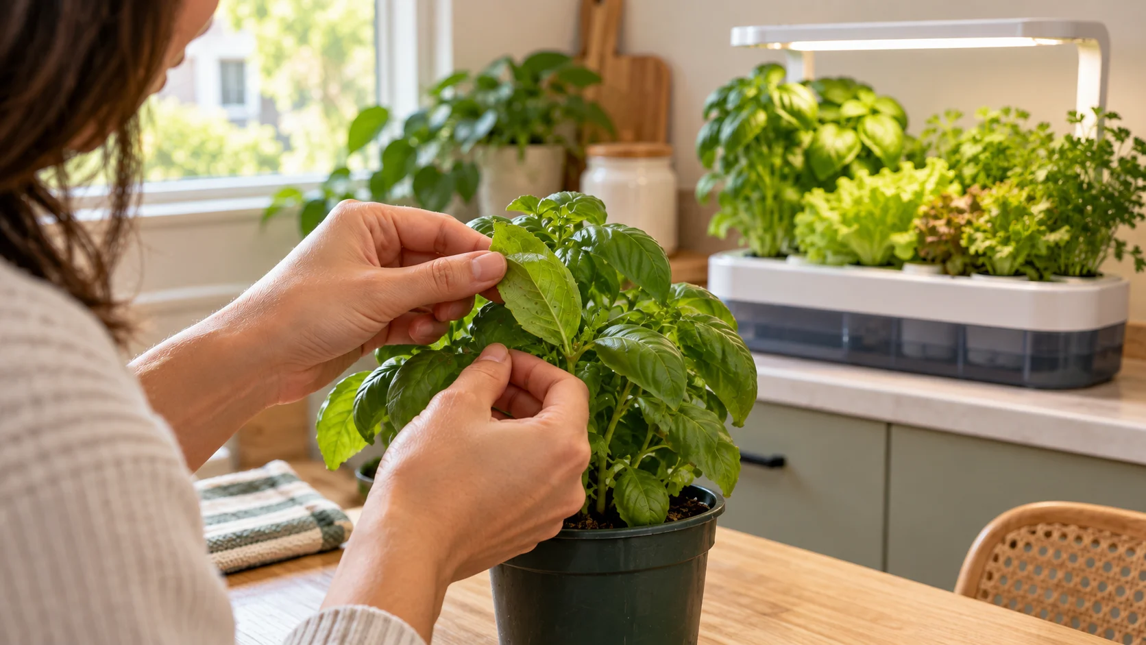 New herb plant being inspected before placement near an apartment hydroponic garden