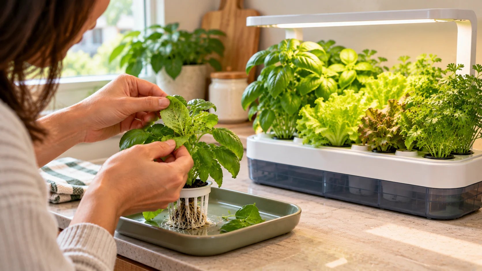 Affected hydroponic herb separated from healthy plants for pest inspection in an apartment