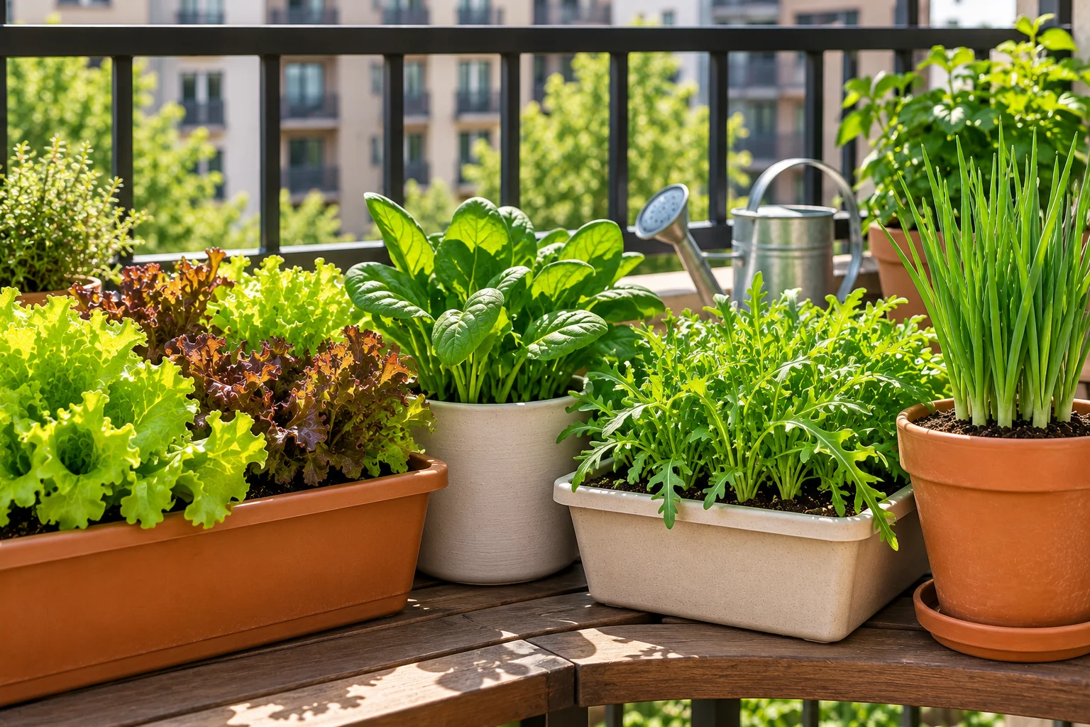 Leaf lettuce, spinach, arugula, and scallions growing in small apartment balcony containers