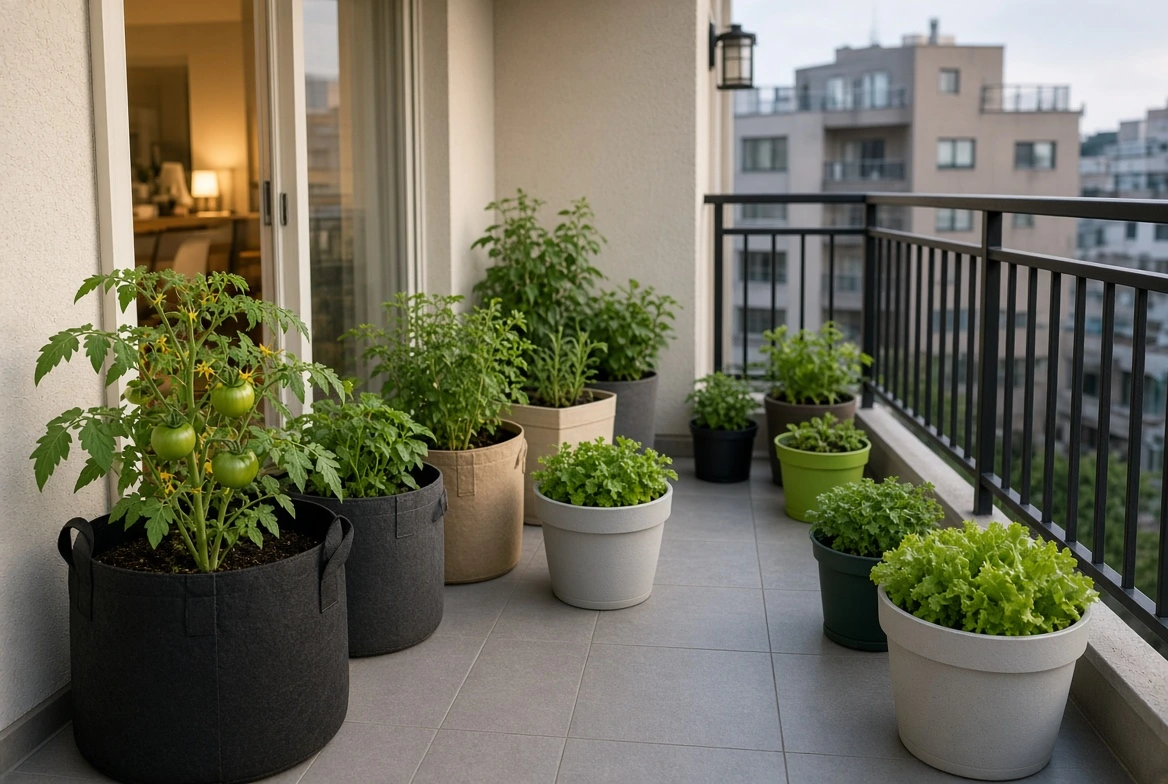 Apartment balcony garden using only lightweight fabric, resin, and plastic containers