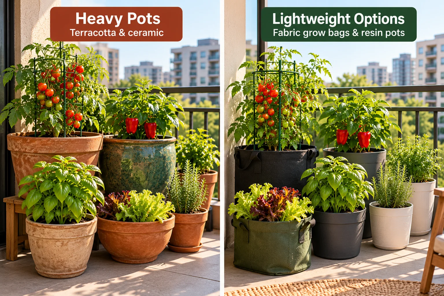 Side-by-side comparison of heavy terracotta pots versus lightweight fabric grow bags on an apartment balcony