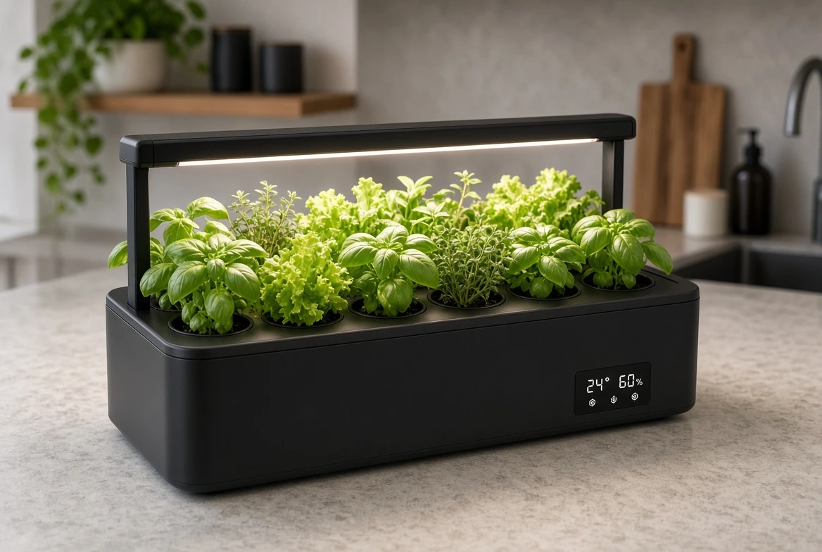 Compact 12-pod countertop hydroponic system with LED grow light for small apartments