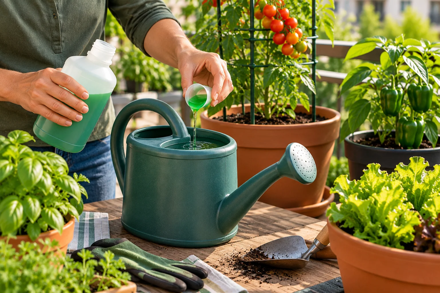 Liquid fertilizer being carefully measured and diluted in a watering can for container vegetables