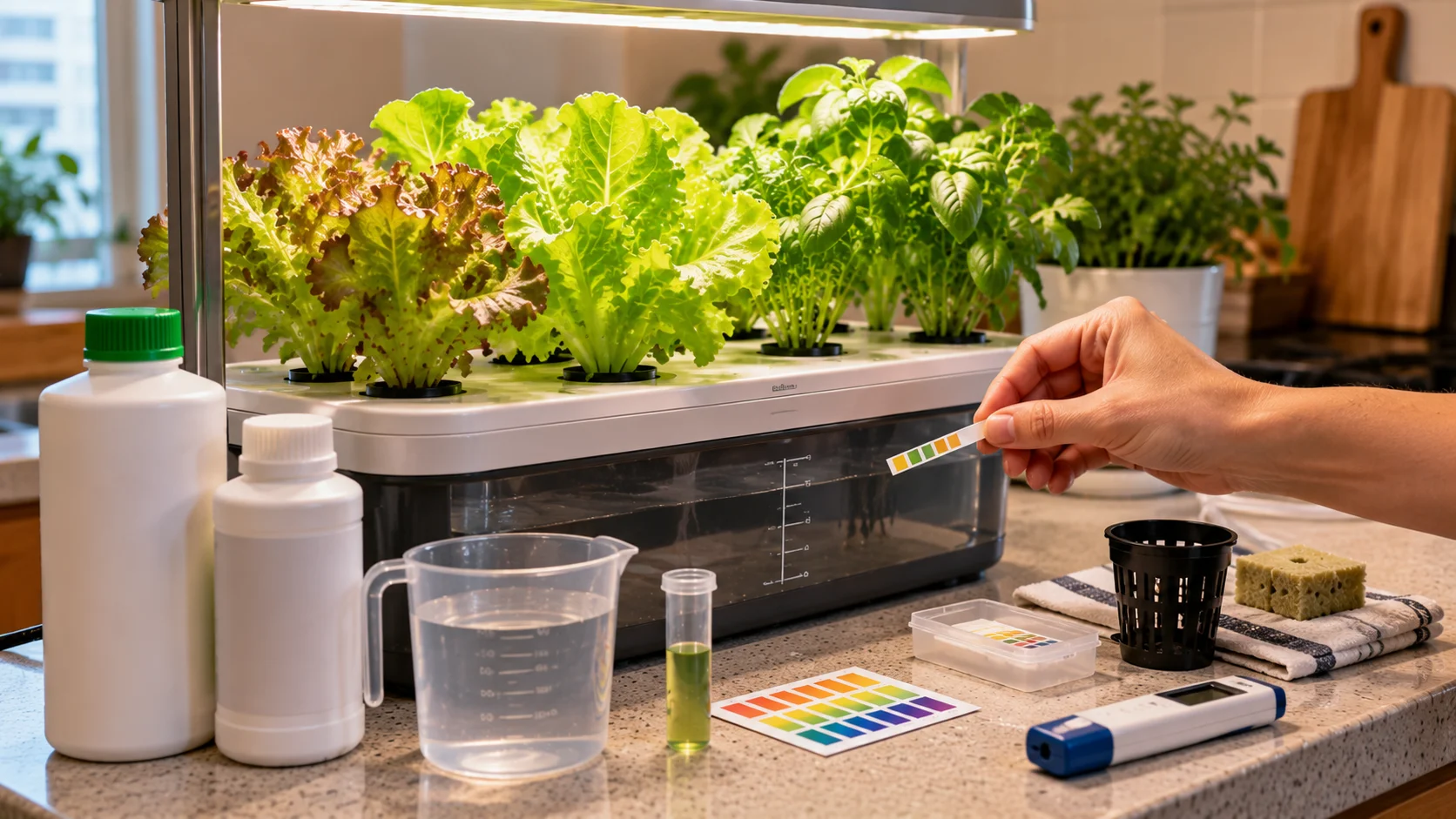 Apartment hydroponic garden with reservoir water level and pH being checked