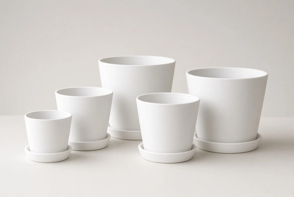 White multi-size plastic plant pots with saucers for herbs and small plants