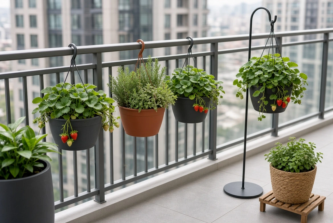 No-drill hanging baskets on over-rail hooks and freestanding stand