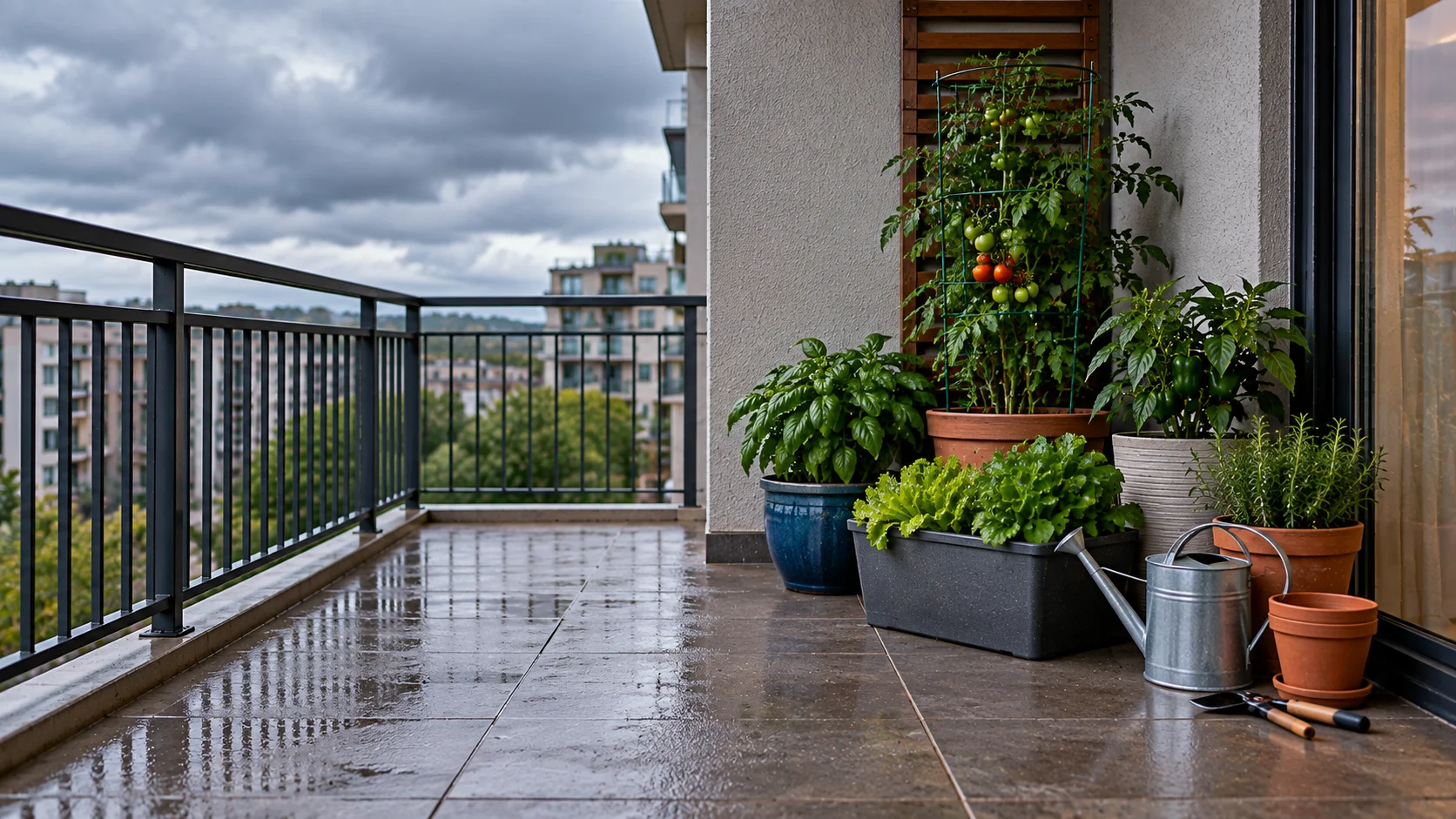 Portable balcony plants moved into a sheltered corner before strong wind arrives