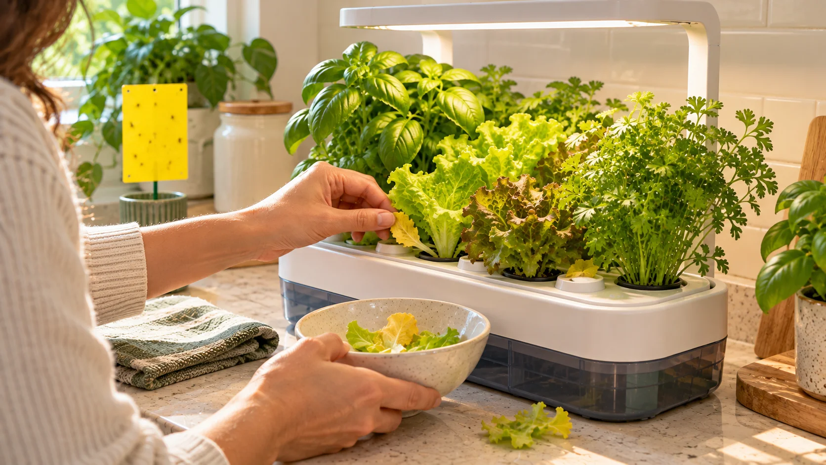Clean apartment hydroponic garden with healthy herbs and dead leaves being removed