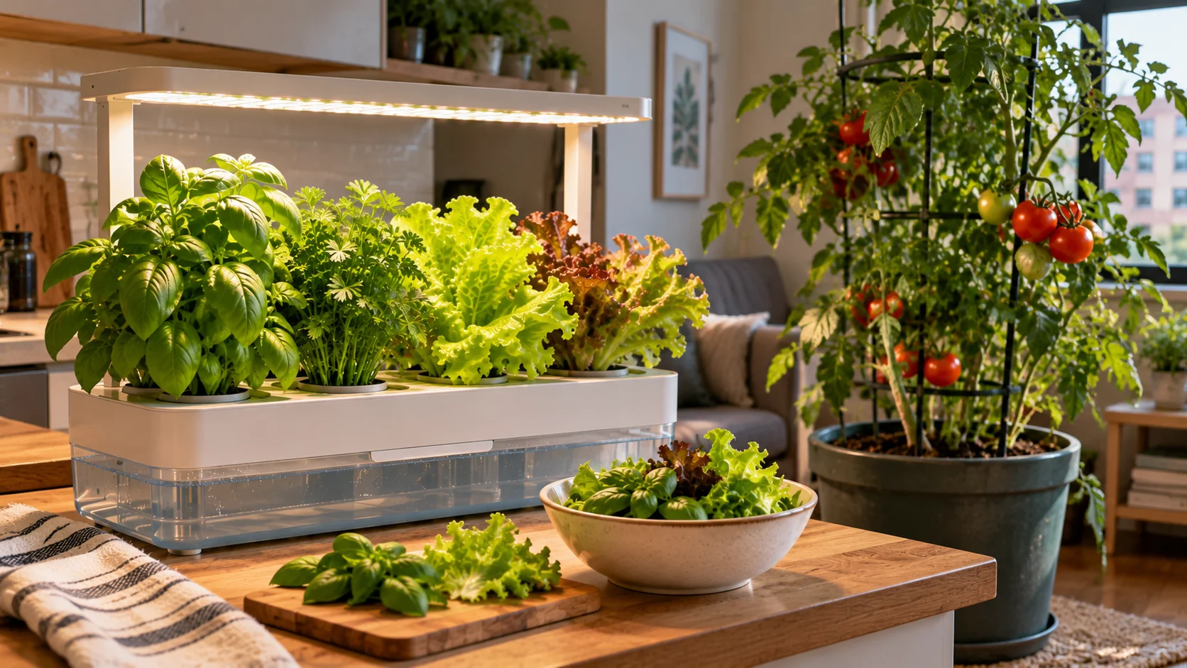 Small hydroponic garden growing basil and lettuce with limited space for larger vegetable plants