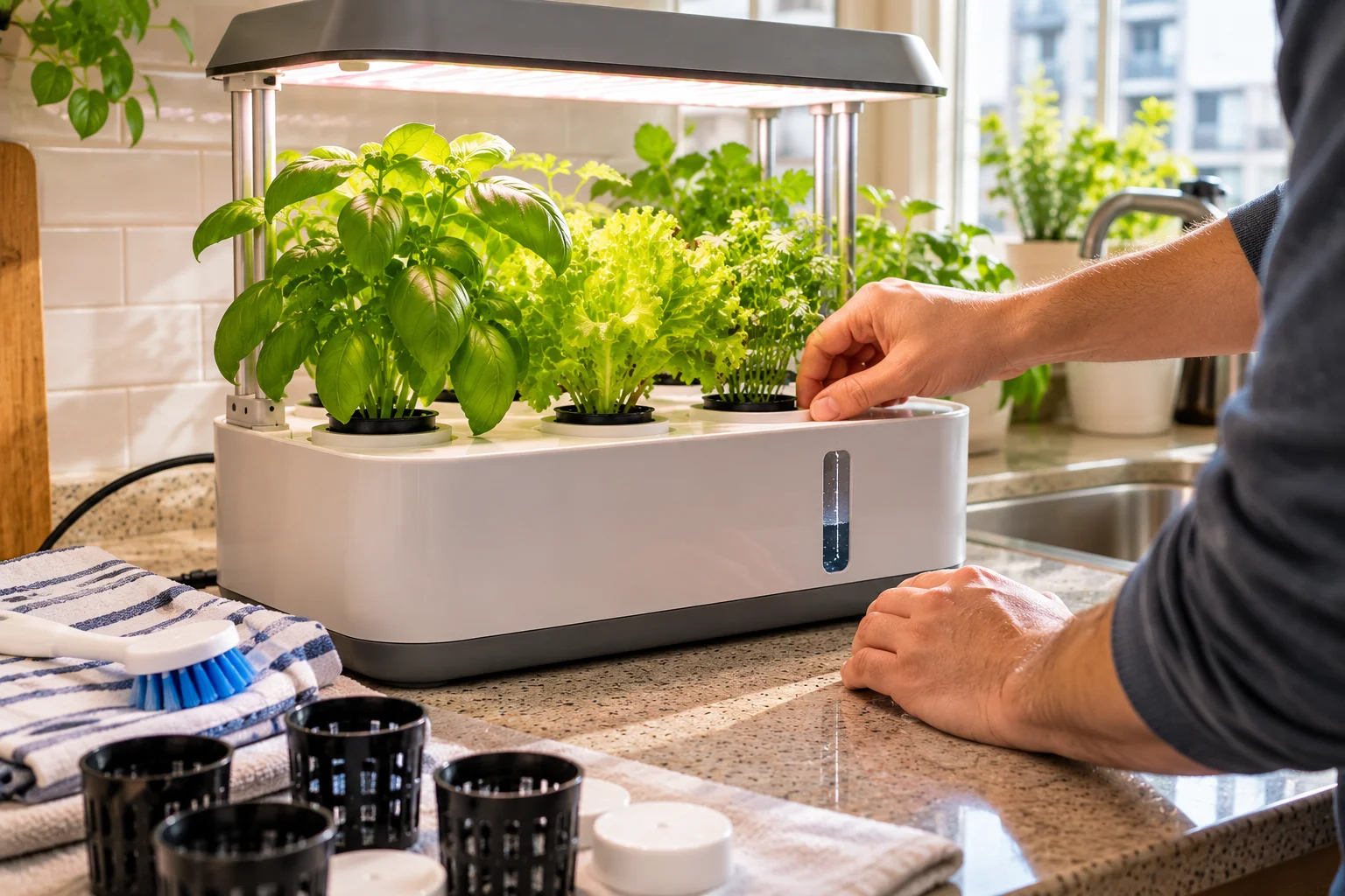 Clean indoor hydroponic system reassembled and checked for normal water flow