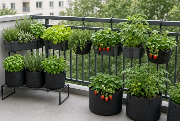 Renter friendly balcony garden ideas with clamp-on planters, fabric bags, and hanging baskets