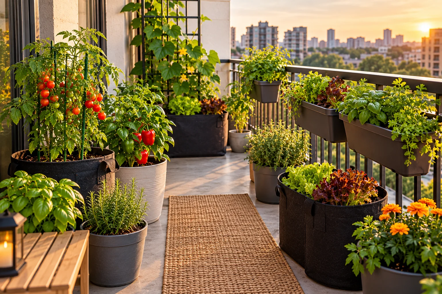 Narrow apartment balcony with railing planters, fabric grow bags, and resin pots arranged for safe weight distribution
