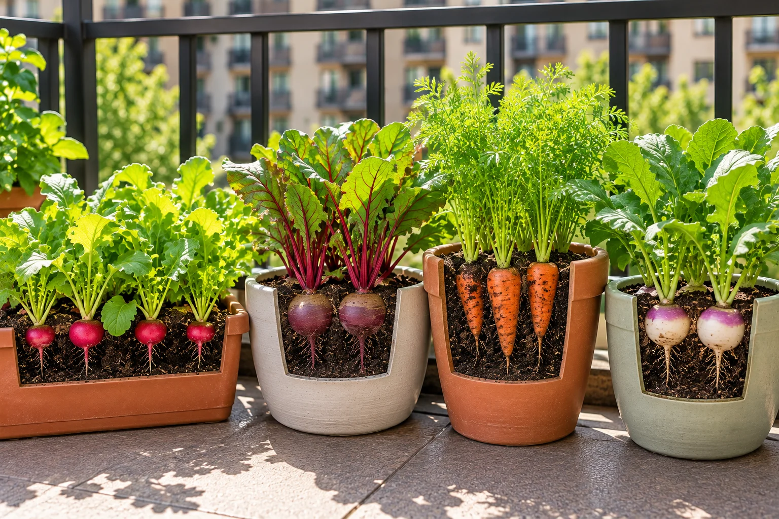 Radishes, beets, short carrots, and turnips growing in containers with different depths