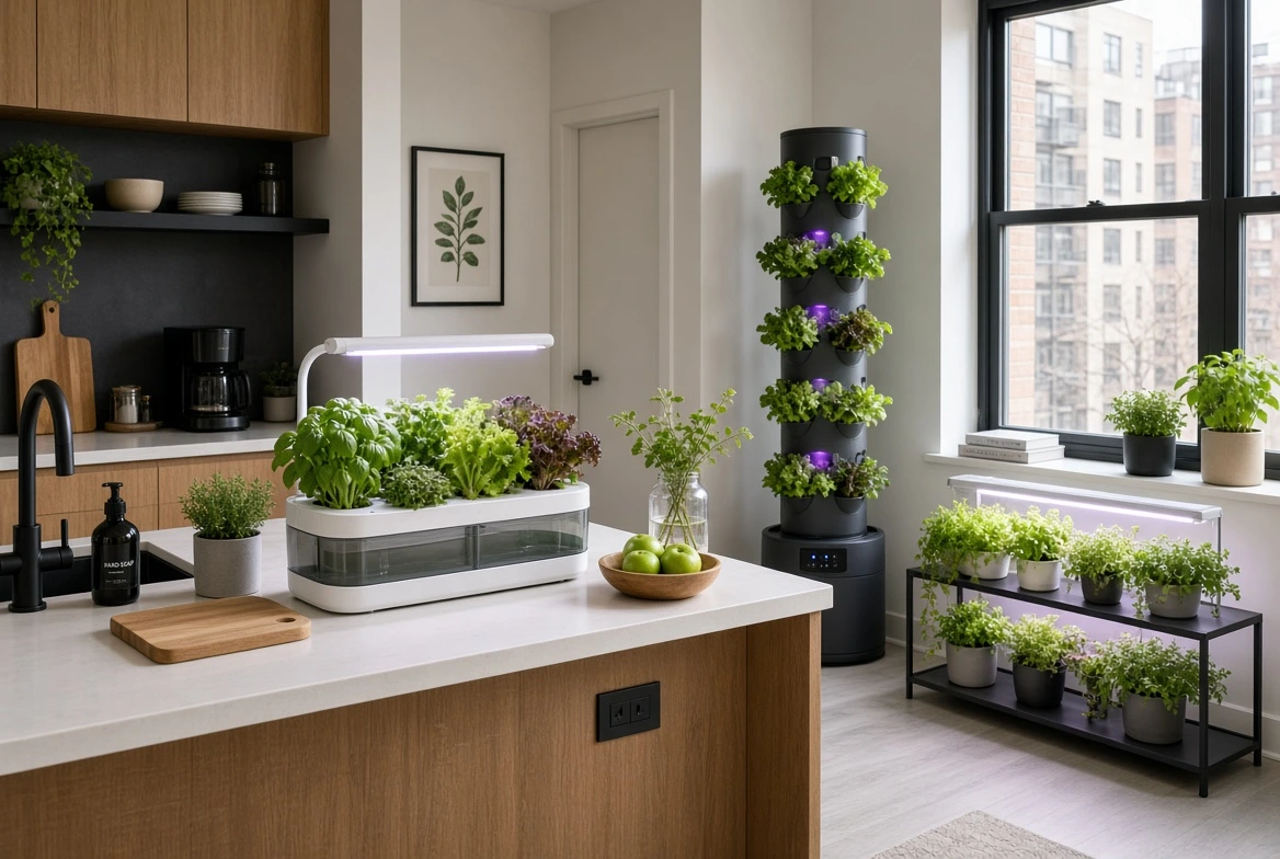 Complete hydroponic garden setup in a small modern apartment