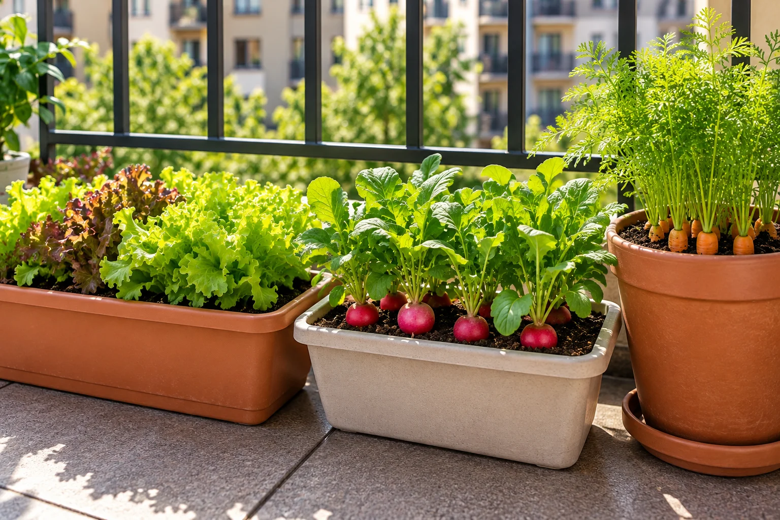 Wide shallow planter with lettuce and radishes beside a deeper container for short carrots