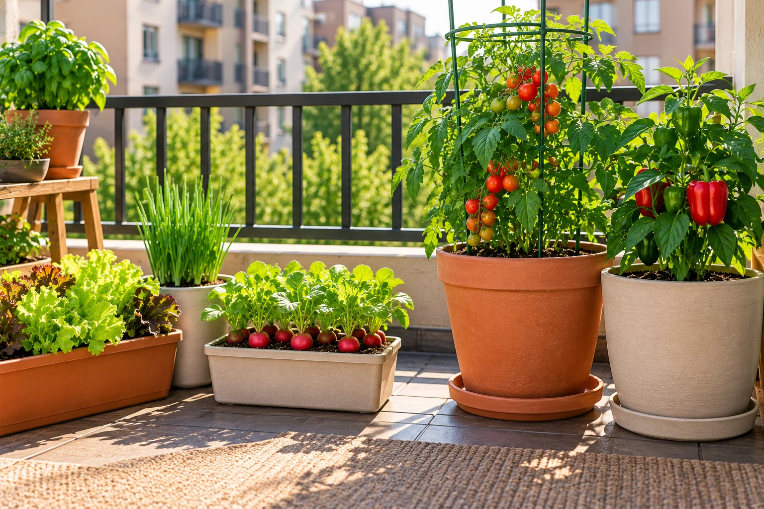 Small containers with lettuce and radishes beside larger pots for tomato and pepper plants