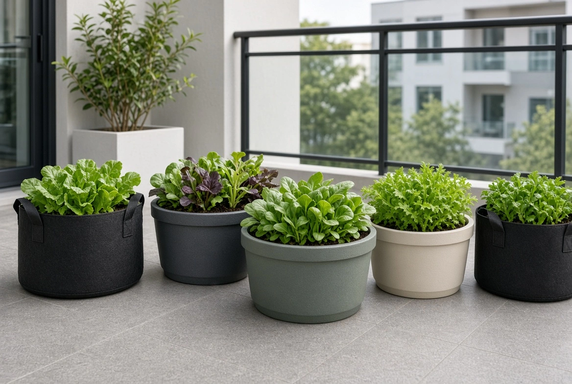 Wide low-profile containers that resist tipping on a windy balcony