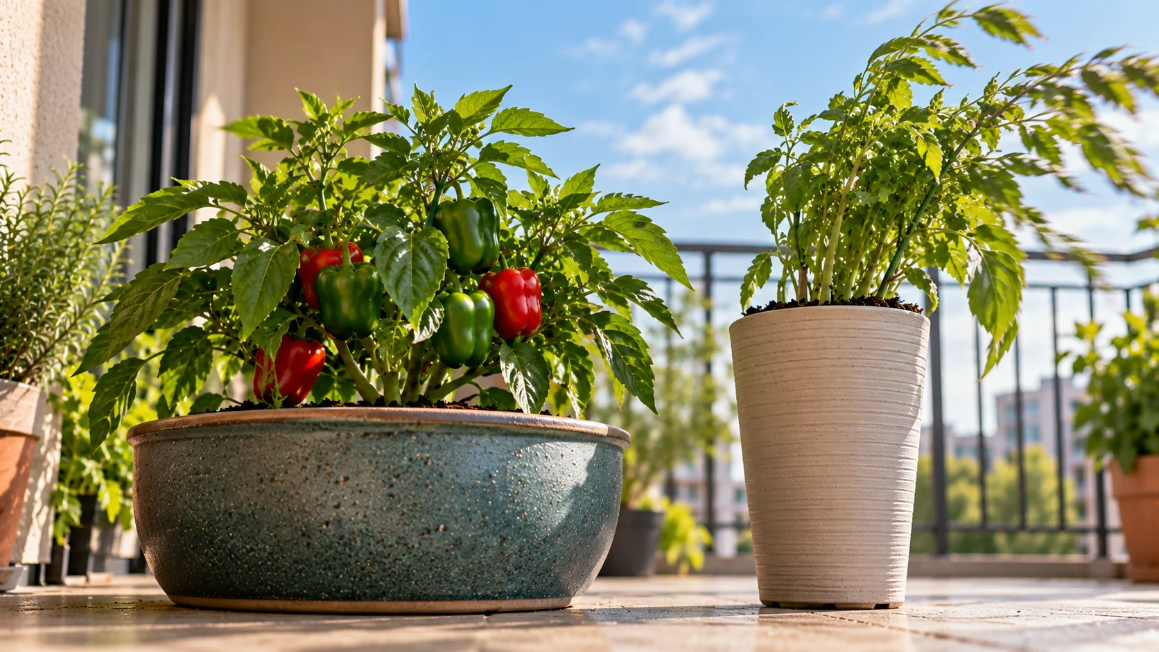 Wide stable vegetable container beside a tall narrow top-heavy container in windy conditions