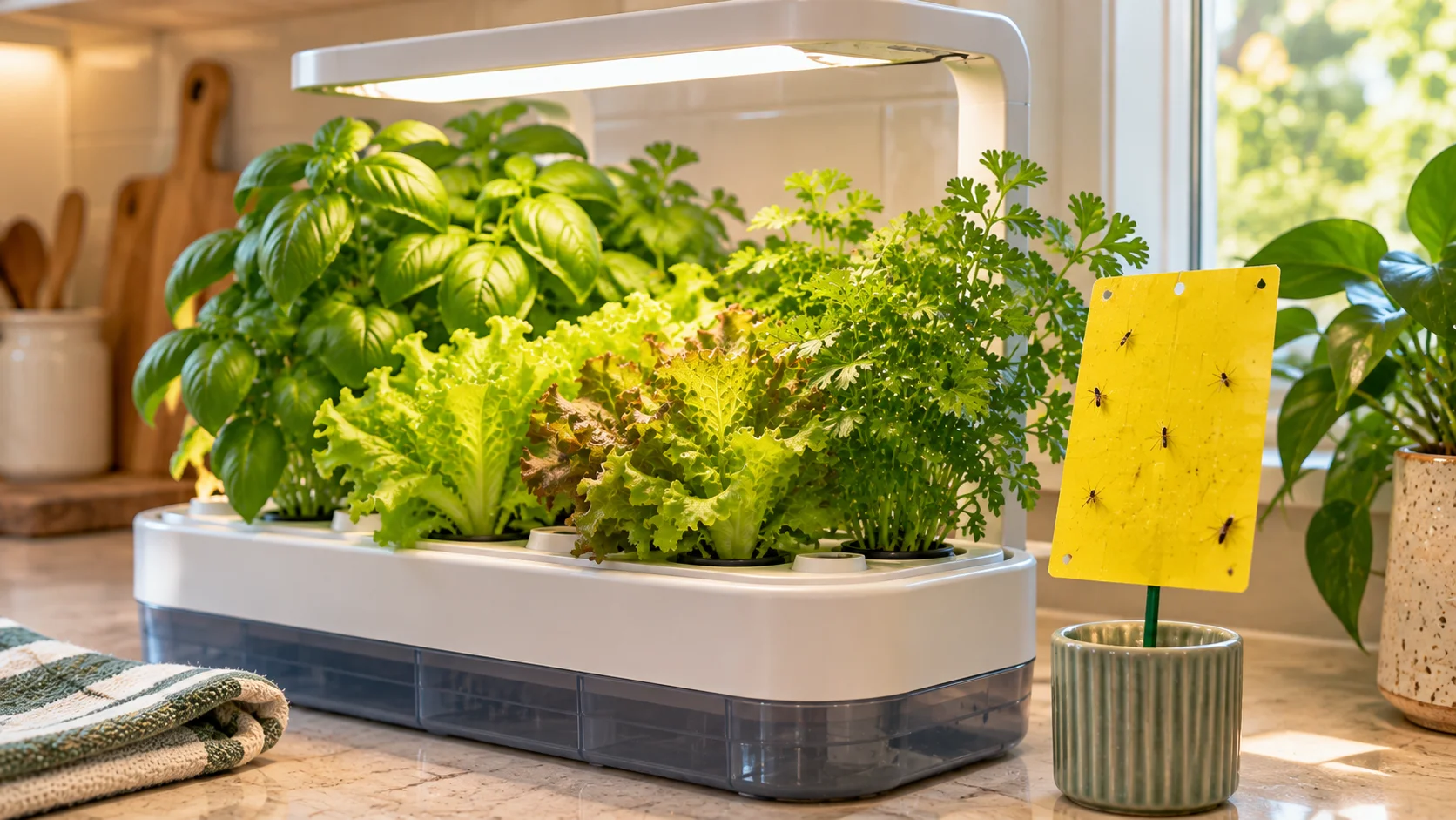 Small yellow sticky monitoring card beside an apartment hydroponic herb garden