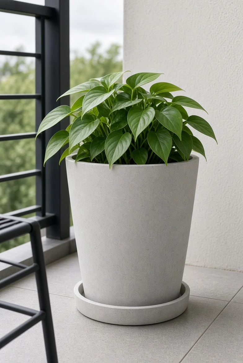 Light grey stone-look resin planter with saucer on an apartment balcony