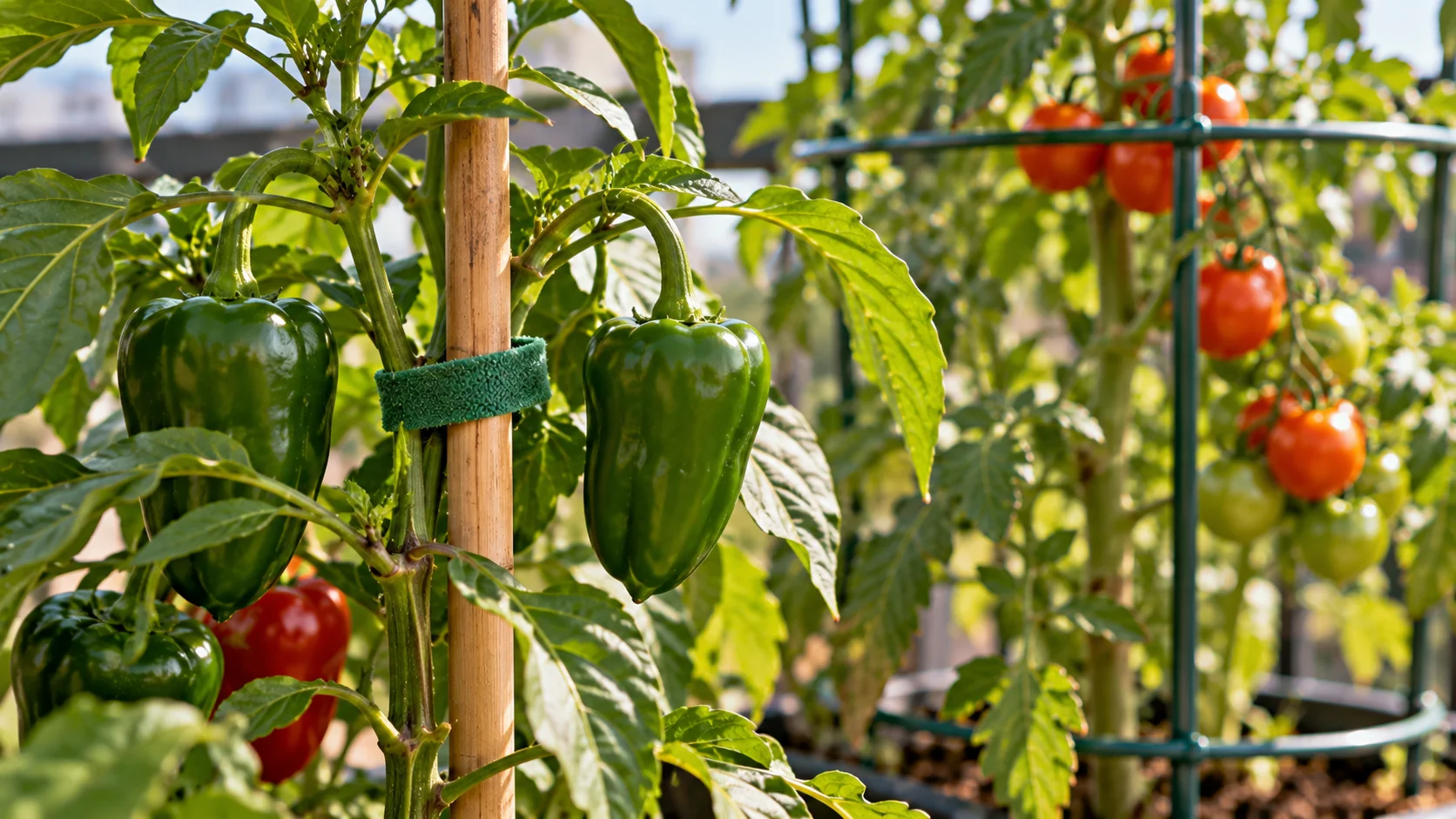 Pepper and tomato stems secured to garden supports with soft plant ties for windy balcony conditions