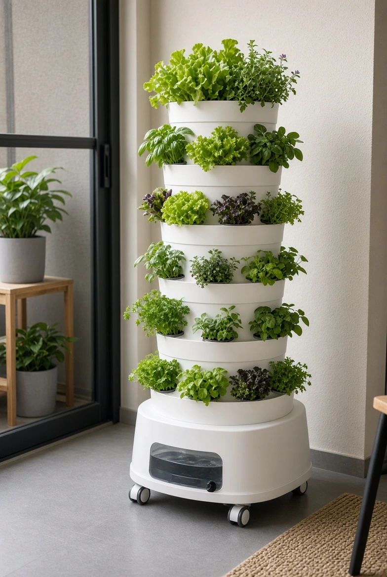 White vertical hydroponic tower with leafy greens in a small apartment