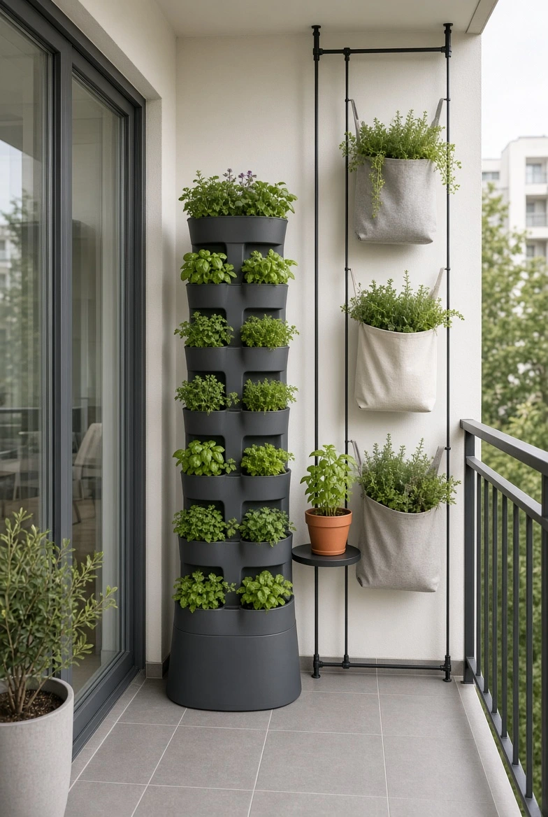 Freestanding vertical planter and tension system on a renter-friendly balcony