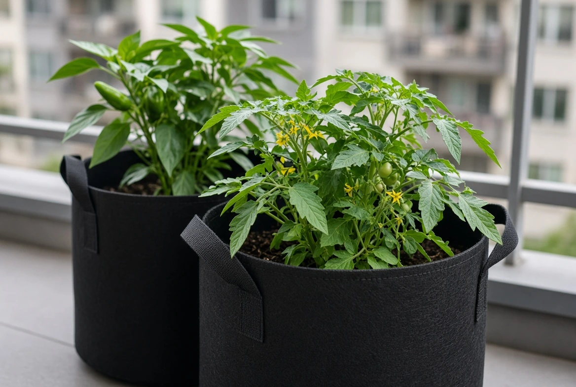 Black fabric grow bags with tomato and pepper plants on an apartment balcony