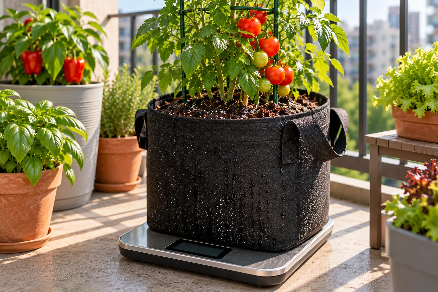Black fabric grow bag filled with wet potting soil sitting on a bathroom scale showing heavy weight
