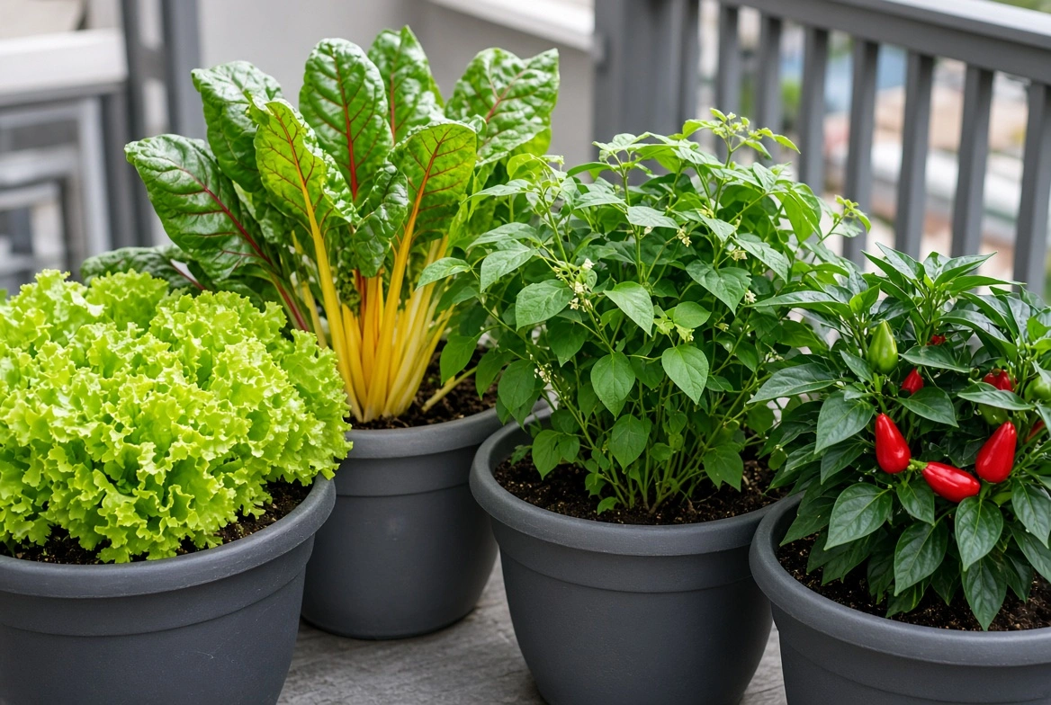 Wind-resistant vegetables for balconies including lettuce, chard, and bush beans